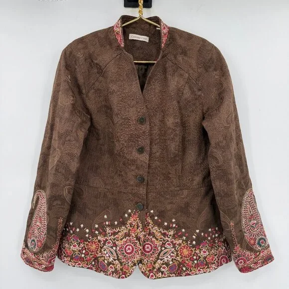 Coldwater Creek Women’s Brown Embroidered Paisley Jacket Blazer Boho Size 10 - Picture 1 of 11